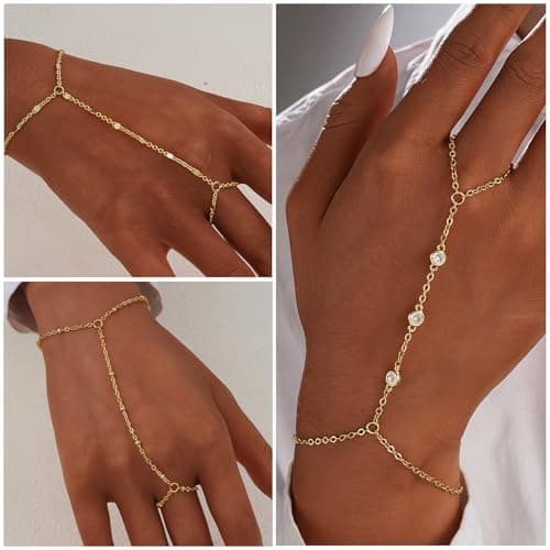 3PCS 14K Gold-Plated Hand Chain Bracelets for Women, Stack Bracelets Set Adjustable, Dainty Ring Bracelet Hand Chain thumbnail 8