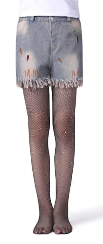 Henwarry Girls Sparkle Fishnet Stockings Children's High Waist Tights Rhinestone Hollow Out Party Pantyhose (US, Age, 7 Years, 12 Years, A01-Black) thumbnail 2