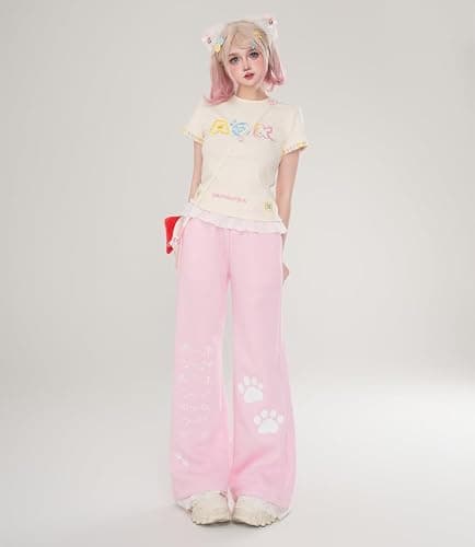 Womens Y2K Kawaii Lace Sweatpants Elastic Drawstring Loose Fit Casual Cat Graphic Cute Straight Leg Pants thumbnail 3