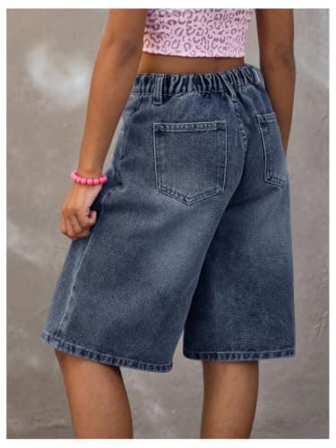 OYOANGLE Girl's Baggy Jorts Bermuda Denim Shorts Loose Elastic Waist Wide Leg Jean Shorts Dark Wash 9 Years thumbnail 3