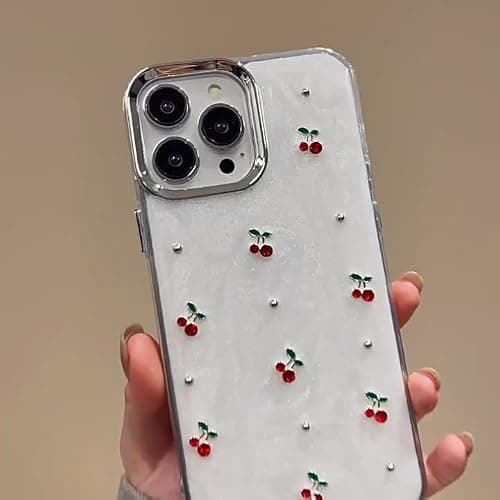 Cute Case for iPhone 15,Red Cherry Pearls with Phone Charm Chain,Pearlized Fruit Case for Women Girls Designed Shockproof thumbnail 5