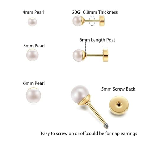 Renkovte 3Pairs Flatback Pearl Stud Earrings Set for Multiple Piercing|Dainty 4mm 5mm 6mm Pearl Earrings for Helix Tragus Cartilage Piercing for Women thumbnail 2