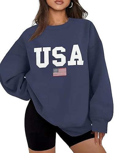 Lacozy Womens Oversized USA Sweatshirt Crewneck American Flag Sweater Long Sleeve Loose Fleece Top 4th of July Outfit - Image 1