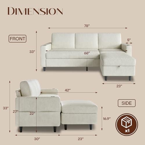 POYISOU Convertible Sectional Couches for Living Room, 3 Seats L Shaped Sofa with Storage Ottoman & 2 Cup Holders, Modern Corduroy Couch Small Sofas for Small Space, Apartment, Office, Beige thumbnail 2