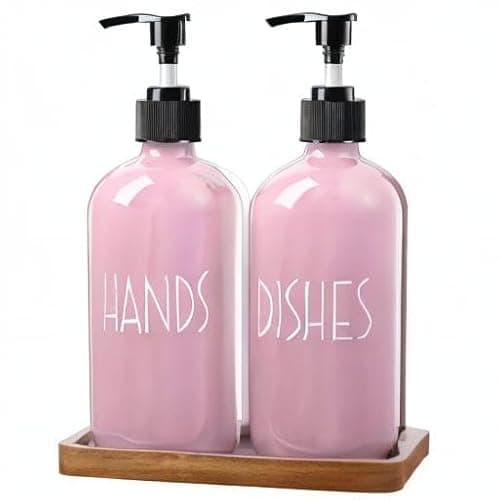 ALELION Dish Soap Dispenser for Kitchen - 16 OZ Glass Hand Soap Dispenser Set with Acacia Wood Tray - Pink Kitchen Bathroom Decor and Accessories thumbnail 7