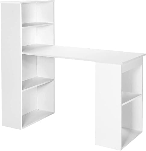 COSTWAY 122cm Computer Desk, Wooden PC Laptop Table Writing Workstation with 6-Tier Storage Bookshelves, Modern Home Office Working Study Desk (White) - Image 1