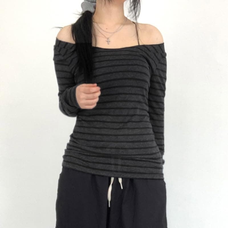 Women's Long Sleeve Grunge Aesthetic Shirts Striped Off Shoulder Tops Teen Girls Alt Emo Gothic Streetwear Y2k Clothing thumbnail 5