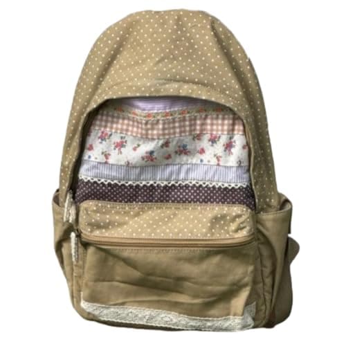 Wayolyn Floral Print Backpack Kawaii Polka Dot Print Shoulder Bag Cutecore Lace Canvas Backpack Vintage Shoujo Casual Bags (Brown) - Image 1