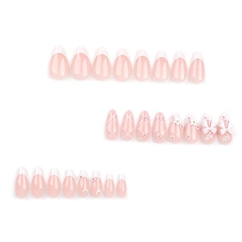 Foccna French Press on Nails Medium Rhinestone Pink Fake Nails Almond Bling Glossy 3D Flower False Nail Tips Artificial Nails Finger Manicure for Women&Girls -24 pcs thumbnail 2