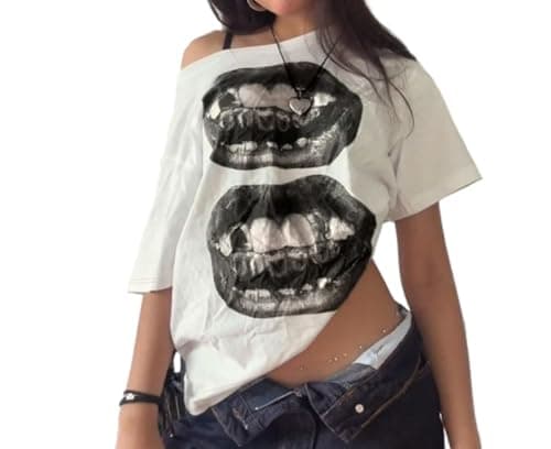 HOHOPEACH Streetwear Grunge One Shoulder Tops Women Teens Oversized Short Sleeve Graphic Tees Y2k Shirt Emo 2000s Clothing - Image 1