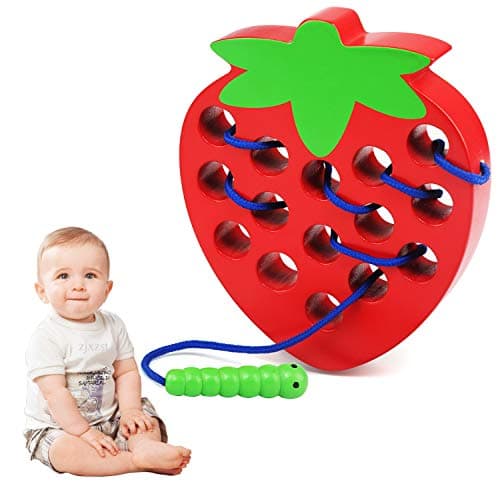 Montessori Toys, Wooden Toy, Wooden Threading Toy, Lacing Strawberry Toy, String Strawberry Toy,Wood Puzzle Travel Game Early Educational Motor Skills Learning Gift for Baby Kids - Image 1