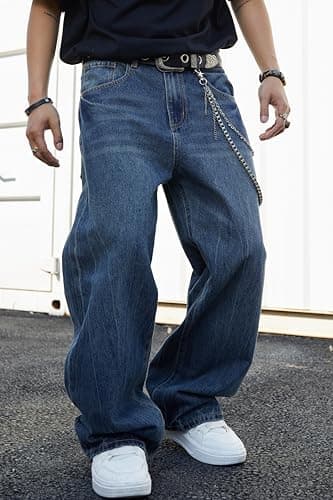 MZNBURAM Men's Super Baggy Jeans - Wide Leg Loose Fit Denim Pants Y2K Hip Hop Streetwear Skater Casual Trousers (34, Dark Blue Washed) thumbnail 4