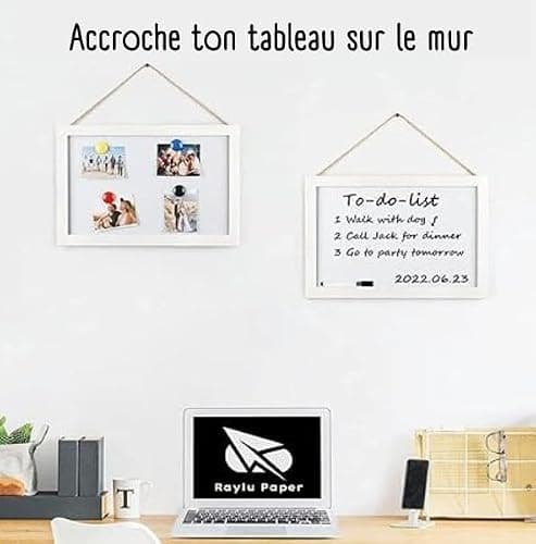 Raylu Paper - Tableau Blanc Magnétique Mural avec Cadre en Bois Blanc, Tableau Blanc Effaçable à Sec avec Deux Aimants pour Accrocher des Notes et des Photos (60 x 45 cm) thumbnail 6
