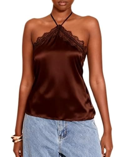 Giraropa Women Lace Trim Halter Neck Tank Top Slim Fit Silk Satin Tops | Sexy Tie Up Backless Shirt, Summer Streetwear - Image 1