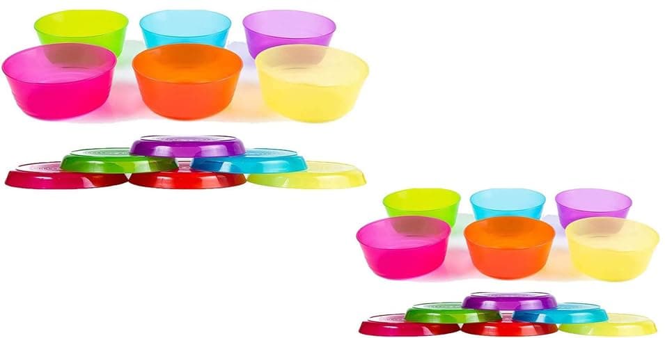 Cuddly Hippo Kids Plastic Dinnerware Set of 12 Multi Color Pieces (Plates and Bowls) - Reusable, BPA-Free, Dishwasher Safe and Microwaveable (Purple, Pink, Orange, Yellow, Green, Blue, 24 Pieces) thumbnail 4