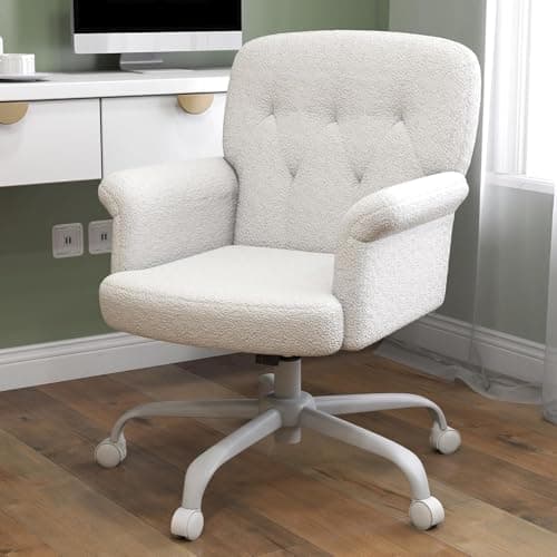 Keratee Teddy Fleece Office Chair, Comfy Home Office Desk Chair with Adjustable Height & 360° Swivel, Ergonomic Computer Chair for Long Hours, Multi-Functional Vanity/Makeup Chair, White - Image 1