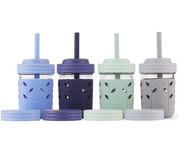 Elk and Friends Kids/Toddler 8oz Glass Mason Jars + Sleeves + Lids | 4pk | Silicone Sleeves | Straws with Stoppers | Food Storage | Spill Resistant | Dishwasher Safe | Perfect for Smoothies - Image 1