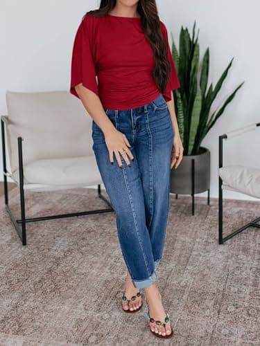 Cicy Bell Womens Summer Wrap Tops Casual Short Sleeve Tie Back Cinched Waist T Shirts Trendy Boat Neck Blouse Burgundy thumbnail 6