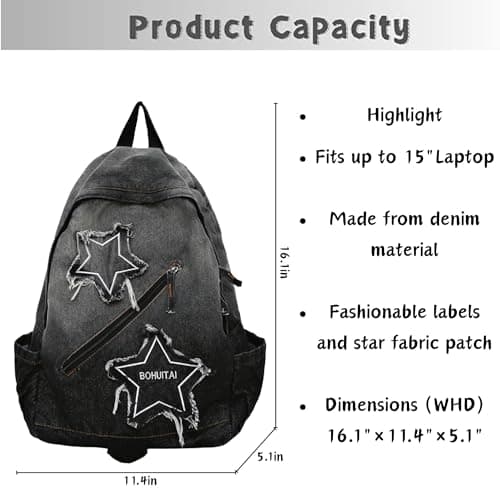 BLUEGALA Y2K Star Backpack,Grunge Goth Denim Bookbag,Punk Emo Backpack for Men and Women, Unique Gothic Fashion Backpack for Daily Use (Black) thumbnail 2