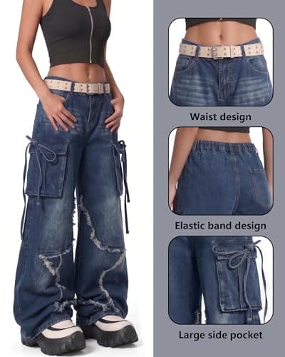 Hugboom Women's Baggy Jeans Star Cargo Pants with Pockets Wide Leg Denim Jeans Y2k for Women Girls Cute Streetwear Blue M thumbnail 6