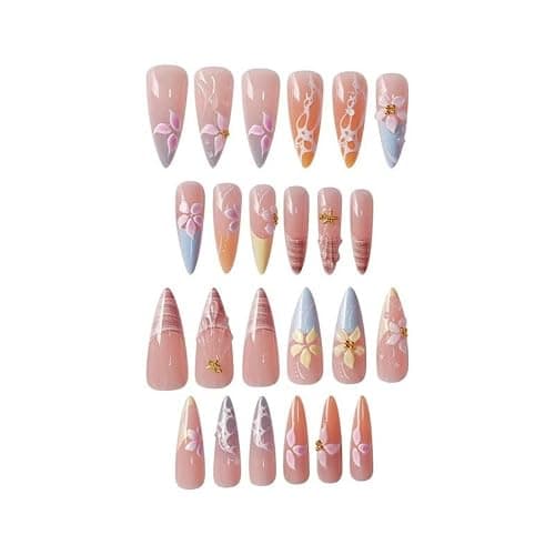 Gleamrain Long Press on Nails Almond with Flower and French Tips Designs Summer Fake Nail for Women 24pcs thumbnail 6