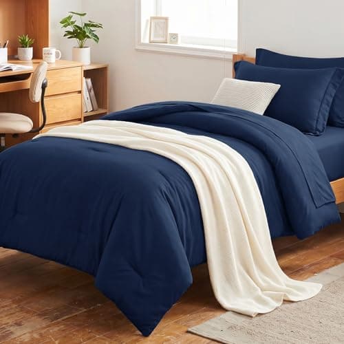 HIMEET Twin XL Comforter Sets - 5 Pieces Twin Extra Long Bed in a Bag for College Dorm, All Season Bed Set with Comforter for Girls and Boys, Flat Sheet, Fitted Sheet, Pillowcase & Sham, Navy Blue - Image 1