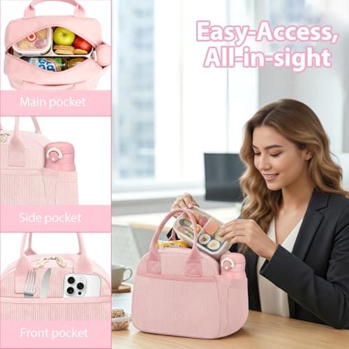 CetyVoyie Insulated Lunch Bag for Women, Reusable Lunch Box Cute Corduroy Lunch Tote Large Capacity Cooler Bags for Work Picnic(PP Pink) thumbnail 4