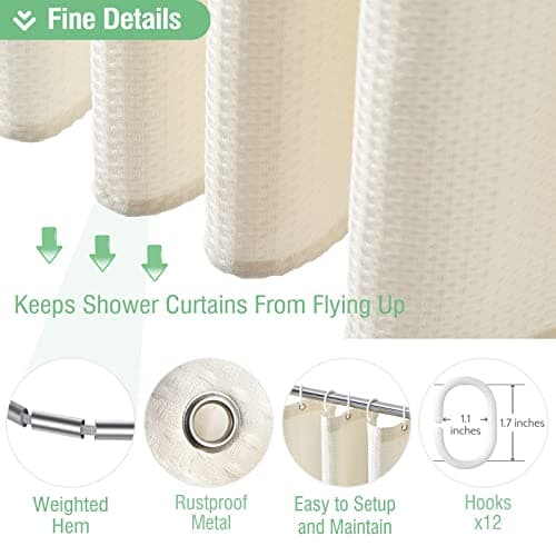 Ivory Fabric Shower Curtain - Waffle Textured Heavy Duty Cloth Curtains for Bathroom, 256GSM Hotel Luxury Weighted Polyester Bath Curtain Set with 12 Plastic Hook, 72Wx72H,Cream/Ivory thumbnail 5
