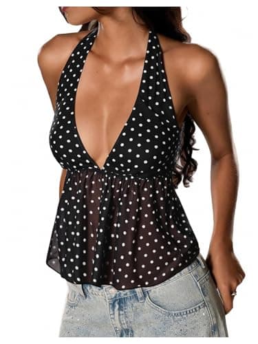 Milumia Women's Y2K Polka Dots Tie Backless Halter Top V Neck Ruffle Hem Peplum Going Out Crop Tank Tops Black Large - Image 1