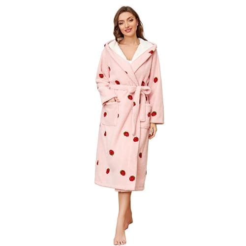 Womens Hooded Plush Robes, Soft Cute Warm Fleece Bathrobe for Women Long Embroidered Ladies Loungewear - Image 1