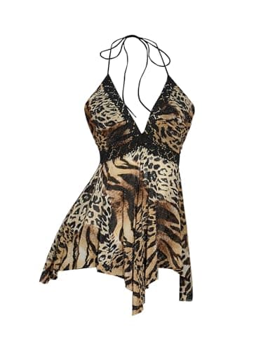 BEAUDRM Women's Leopard Halter Top Y2k Vintage Cheetah Flowy Tie Backless Asymmetrical Tops Party Club Going Out Outfits Multicolor Medium - Image 1