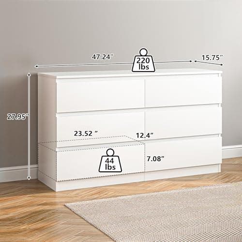 Vibe & Dine White Dresser 6 Drawer, Modern Double Dresser for Bedroom, Wood Chest of Drawers with Wide Storage for Living Room thumbnail 3