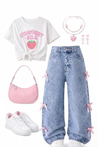 Civpe Girls Baggy Wide Leg High Waist Jeans with Bow Kids Denim Pants for Girls 7–14 Trendy Y2K Casual School Jeans Medium Blue thumbnail 5