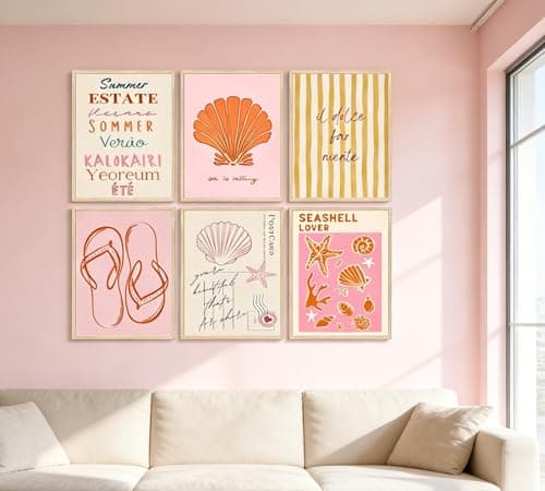 6 Pcs Coastal Style Poster Wall Art,Pink Orange Preppy Style Painting Picture Wall Decor,Beach Seashell and Starfish Canvas Print Artwork,for Bathroom Girl Room Dormitory Home Decoration Unframed thumbnail 4