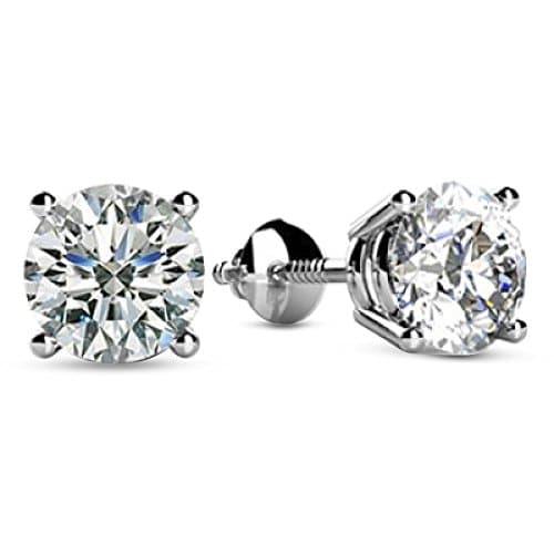 2 Carat 14K White Gold Solitaire Diamond Stud Earrings Round Cut 4 Prong Screw Back (I-J Color, I1-I2 Clarity) - Image 1