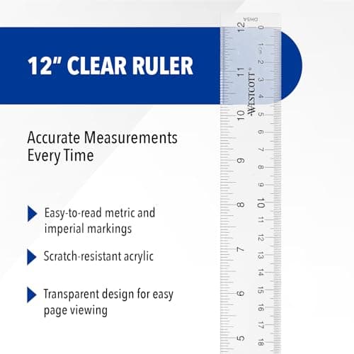 Westcott Acrylic Clear Ruler, Easy-to-Read Markings, Scratch-Resistant Design, Raised Beveled Edges, for Crafting, Office, Classroom, Back to School Supplies, 12-Inch thumbnail 2