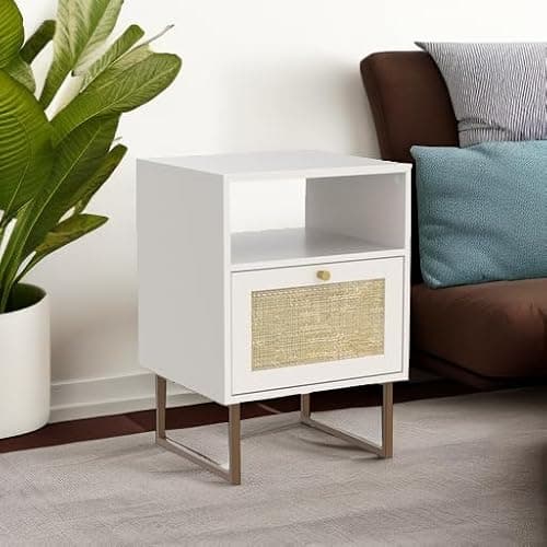 Masupu Rattan Nightstand,Modern Boho Farmhouse Wood Bedside Table with Storage Drawer and Open Shelf,Small Gold Frame Side End Table for Bedroom,Living Room,Office(White) thumbnail 5