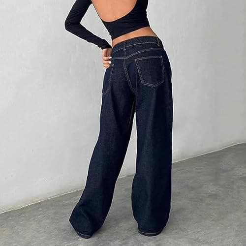 Sawmew Damen Y2K Low Rise Baggy Jeans Weites Bein Loose Fit Boyfriend Straight Leg Trendy Stretch Denim Hose Streetwear thumbnail 5