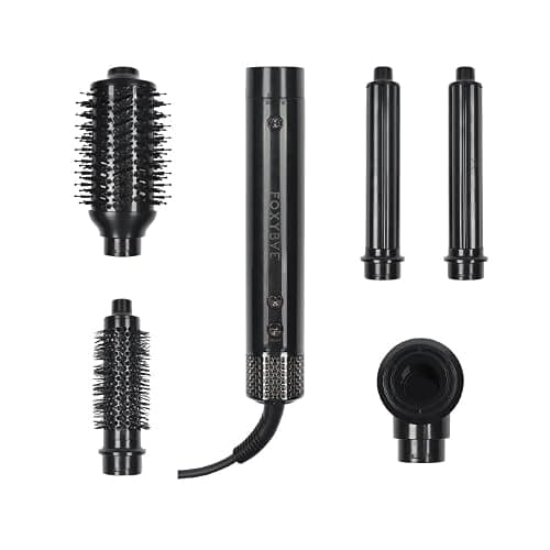FoxyBae Super Styler Pro Interchangeable Hair Styler Wand Curling Iron Set - w/Drying Cylinder, Ceramic Blowout & Round Brushes, 2 Auto-Wrap Curlers - Frizz-Free, Smooth Hair (Black Rose-Gold) - Image 1