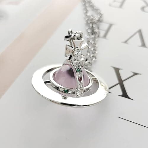 ZHAOZHAO Colorful Saturn Necklace for Women - Sky Star Saturn Planet Pendant with Crystals(Silver+Pink) thumbnail 2