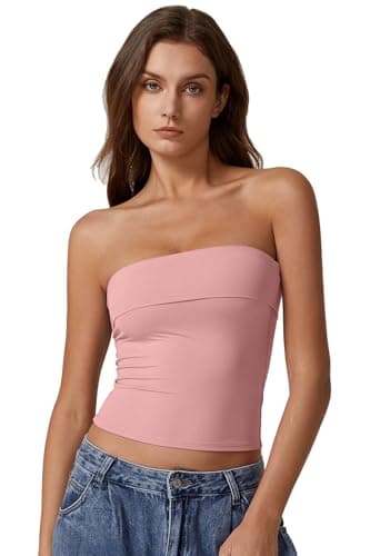 QINSEN Womens Y2k Off Shoulder Tops Double Lined Strapless Tube Top Going Out Bandeau Crop Tops Pink M thumbnail 4
