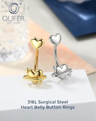 OUFER 14G Heart Belly Button Rings made of 316L Surgical Steel, Minimalist Star Gold Belly Piercing Jewelry, Romantic Navel Rings for Women thumbnail 3