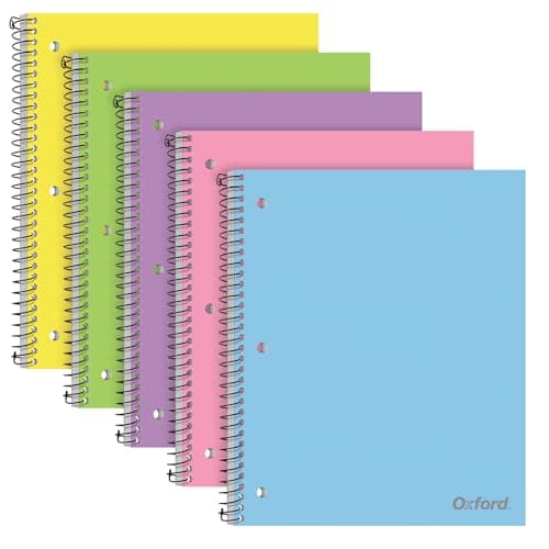 Oxford 1 Subject Spiral Notebook, Notebooks for School, Plastic Covers, School Supplies, College Ruled, 100 Sheets, 5 Pack, Assorted Pastel Colors: Blue, Green, Yellow, Pink and Purple (1009291) - Image 1