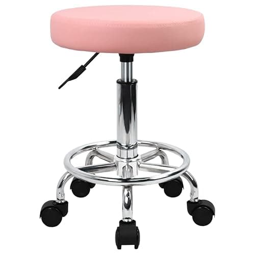 KKTONER PU Leather Round Rolling Stool with Foot Rest Swivel Height Adjustment Spa Drafting Salon Tattoo Work Office Massage Stools Task Chair (Pink) - Image 1