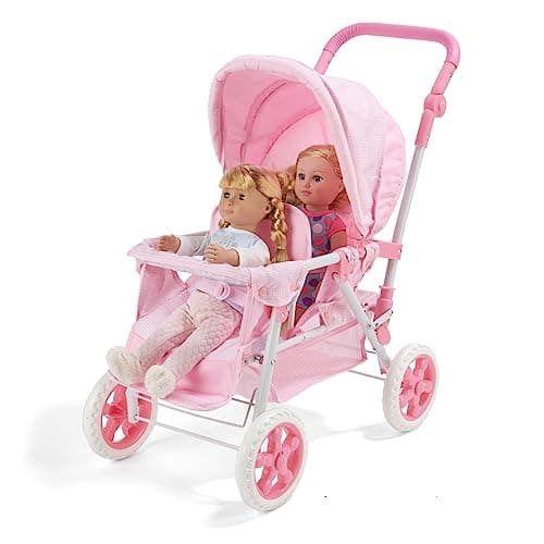 Badger Basket Double Front to Back Stroller for Dolls - Lightweight Foldable Toy Pram with Gingham Fabric Canopy and Storage Basket – Fun Pretend Play for Kids Ages 3 and Up - Pink thumbnail 7
