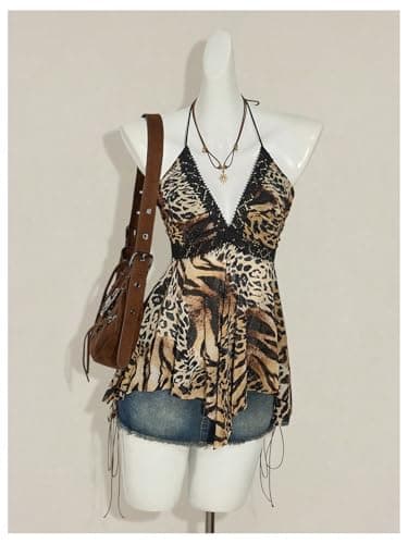 BEAUDRM Women's Leopard Halter Top Y2k Vintage Cheetah Flowy Tie Backless Asymmetrical Tops Party Club Going Out Outfits Multicolor Medium thumbnail 3