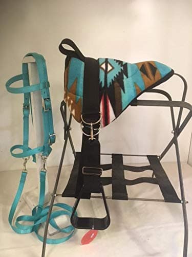 Party Ponies Miniature Horse/SM Pony Childrens Bareback Saddle PAD Set with BITLESS Bridle - Cinch Upgrade - Turquoise Indian Native Set - Image 1