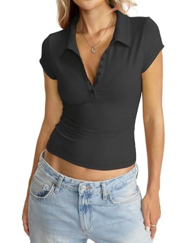 Eachyes Womens Polo Short Sleeve Shirts Golf Collared Summer Tops Tight Business Casual Outfits Sexy V Neck Tee Cap Sleeve Button Down T Shirts Work Going Out Clothes 2026 Black Medium thumbnail 2