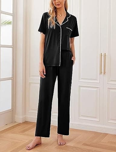 Ekouaer 2 Pack：Womens Pajamas Short Sleeve Pjs Notch Collar Button Up Loungewear Cozy Sleepwear Sets thumbnail 2