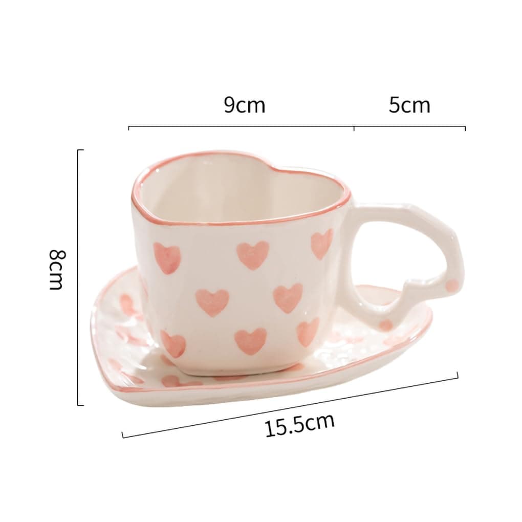 WAIT FLY Heart Shaped Ceramic Coffee Mug Set with Saucer, Tea Cup, Breakfast Cup, Dessert Plate-Pink-8 OZ thumbnail 2
